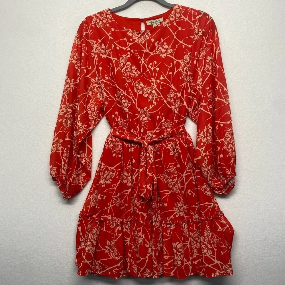 Flying‎ Tomato Red Floral Belted Dress NWT S Long Sleeves